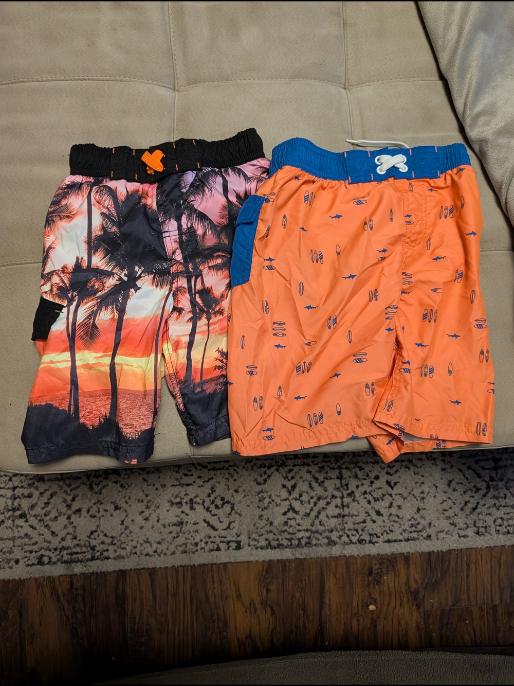 Set Of 2 Kids Swim Trunks - Orange & Black Sunset and Bright Orange Surf